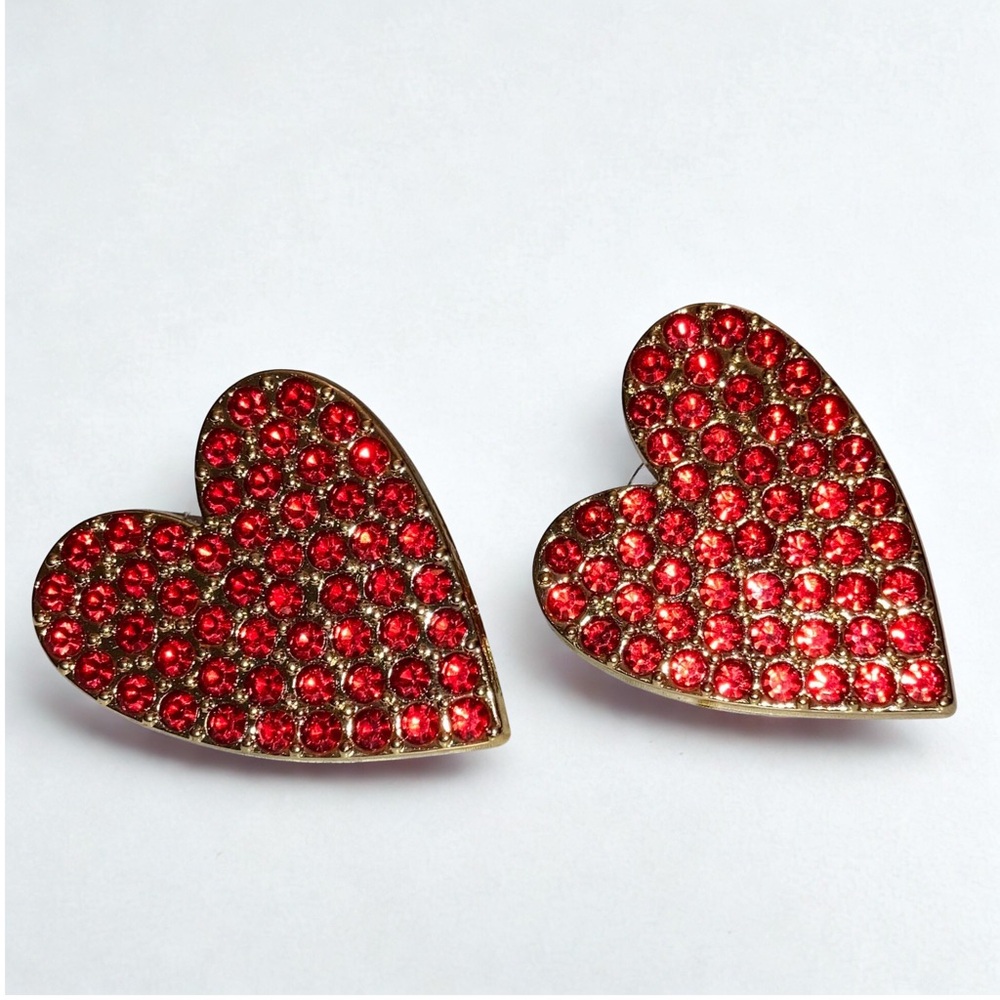 Red Heart Stud Earrings Gold Statement Pave Love Cocktail Jewelry